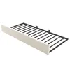 A beige upholstered bed frame with a black metal slatted base, shown from a diagonal angle against a white background. Náhľad obrázku produktu