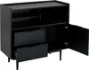 A black sideboard cabinet with two drawers and two doors, one of which is open. Produktbild-Vorschau