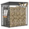 A metal firewood storage rack filled with logs, with a corrugated roof. Produktbild-Vorschau