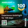 A Philips Ambilight TV is displayed on a stand in a living room setting, with promotional text about a 100-day home trial. Voir les images du produit
