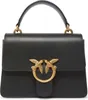 A black leather handbag with gold bird-shaped hardware.