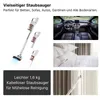 Collage of a cordless vacuum cleaner, its accessories, and lifestyle shots of it being used in a car, on a bed, and near curtains. Produktbild-Vorschau