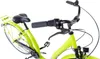 A close-up view of a bright green city bike, focusing on the handlebars, seat, and part of the frame. Produktbild-Vorschau