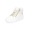 A white high-top sneaker with gold accents and faux fur trim is shown against a white background. Produktbild-Vorschau