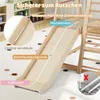 A wooden indoor playground slide with various zones highlighted by text overlays. Produktbild-Vorschau