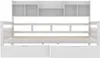 A white wooden bed frame with shelves above and drawers below. Voir les images du produit