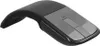 A black and gray wireless computer mouse with a unique arc shape and touch functionality is shown against a white background. Produktbild-Vorschau