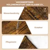 A marketing image showcasing the features of a wooden product, divided into three sections with text and illustrative images. Produktbild-Vorschau
