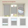 A collage showing a window blind with different levels of coverage and a close-up of its mechanism. Produktbild-Vorschau