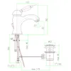 Technical drawing of a faucet and drain assembly with dimensions. Podgląd zdjęcia produktu