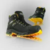 Two black and yellow work boots are displayed against a light gray background with reflections. Produktbild-Vorschau