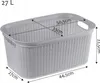 A gray laundry basket with dimensions indicated by arrows and text. Produktbild-Vorschau