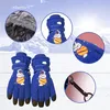 A collage of children's winter gloves with an astronaut and planet design, set against a snowy mountain background. Produktbild-Vorschau