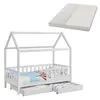 A white wooden house-shaped bed frame with two drawers underneath and a mattress placed on top. Produktbild-Vorschau