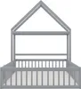A grey wooden house-shaped bed frame with a slatted base, shown from the front. Náhľad obrázku produktu