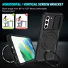 A black phone case with a magnetic ring stand and camera cover is shown, with diagrams illustrating correct and incorrect sitting positions for neck comfort. Produktbild-Vorschau