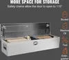 An open aluminum toolbox with items inside, against a gray background with text and icons. Produktbild-Vorschau