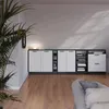 A modern storage unit with white doors and anthracite accents, set in a room with wooden flooring and a large plant. Voir les images du produit