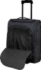 A black travel bag with wheels and an extended handle, shown with its front compartment open. Produktbild-Vorschau