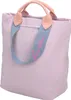 A lilac tote bag with pink leather handles and a blue strap with pink text. Produktbild-Vorschau