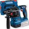 A blue and black Bosch rotary hammer drill with its blue carrying case. Produktbild-Vorschau