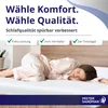 A woman sleeping peacefully on a mattress, with marketing text and icons above her. Produktbild-Vorschau