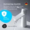 A white faucet with water running from it, set against a light gray background with marketing text and icons. Produktbild-Vorschau