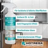 A cleaning product bottle is shown in front of a kitchen background with text overlays describing its features. Produktbild-Vorschau