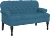 A blue velvet bench with tufted backrest and rolled arms, shown from the front. Anteprima dell’immagine prodotto