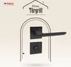 A black door handle set is displayed against a light beige background with a subtle geometric pattern. The image is framed by an arched doorway graphic. Produktbild-Vorschau