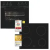 A black built-in oven and a black induction hob are shown side-by-side on a white background. There are several award badges and a warning symbol on the image. Produktbild-Vorschau