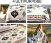 A collage of images showing a blanket with geometric patterns used as a bedspread, a tablecloth, a rug, and draped over a person. Produktbild-Vorschau