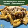 A close-up of pasta with sauce and cheese on a blue plate, with a green banner at the top containing German text and a logo at the bottom left. Anteprima dell’immagine prodotto