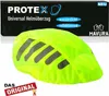 A neon green helmet cover with black reflective stripes is shown against a black background with product information. Produktbild-Vorschau