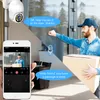 A delivery person is at the door with a package, interacting with a smart camera and a smartphone app. Voir les images du produit