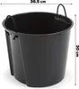 A black bucket with handles, shown from a slightly elevated front-left angle, with dimensions indicated by text overlays. Produktbild-Vorschau