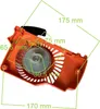 A close-up, angled view of an orange chainsaw starter mechanism with dimensions overlaid. Podgląd zdjęcia produktu