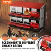 A chicken nesting box with multiple compartments, shown with chickens and eggs. Dimensions and breed information are displayed. Náhled obrázku produktu