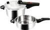 A stainless steel pressure cooker and its inner pot are displayed against a white background. Produktbild-Vorschau