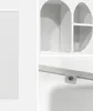 A collage of images showing a white wooden bookshelf with arched compartments and a close-up of a mounting bracket. Produktbild-Vorschau