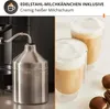 A split image showing a stainless steel milk frother on the left and two glasses of latte macchiato on the right, with macarons in the foreground. Podgląd zdjęcia produktu