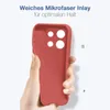 A hand holding a red phone case with text overlay describing its features. Produktbild-Vorschau
