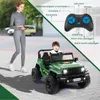 A woman is standing next to a green electric ride-on car with a child inside. The image includes a diagram of a remote control with labels in German. Náhľad obrázku produktu