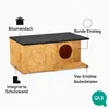 A diagram of a wooden outdoor cat house with labels pointing out its features. Náhled obrázku produktu