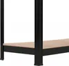 Close-up of the bottom corner of a black metal shelving unit with a particle board shelf. Podgląd zdjęcia produktu
