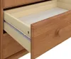 A close-up view of an open wooden drawer with metal runners, revealing the interior and the front of the drawer with a wooden knob. Produktbild-Vorschau