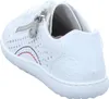 A close-up, rear-side view of a white leather sneaker. Voir les images du produit