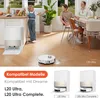 A family in a kitchen and dining area, with a robot vacuum cleaner in the foreground. Produktbild-Vorschau