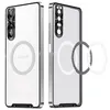Two views of a clear phone case with a silver frame, showing a magnetic ring attachment. Anteprima dell’immagine prodotto