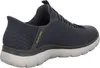 A side view of a dark gray Skechers slip-on sneaker with a light gray sole. Náhľad obrázku produktu